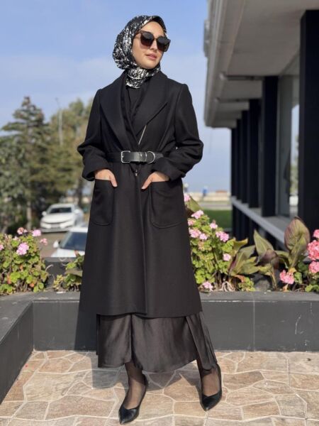 Misswhence Fermuar Detaylı Kemerli Kaşe Kap 36411 SİYAH - 38