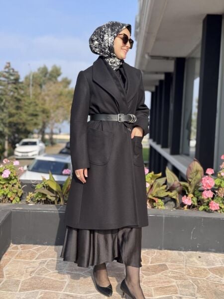 Misswhence Fermuar Detaylı Kemerli Kaşe Kap 36411 SİYAH - 38