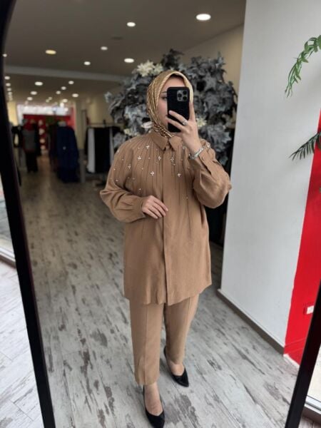 Qupra Taş Detaylı Gömlek Pantolon Takım WAB82029