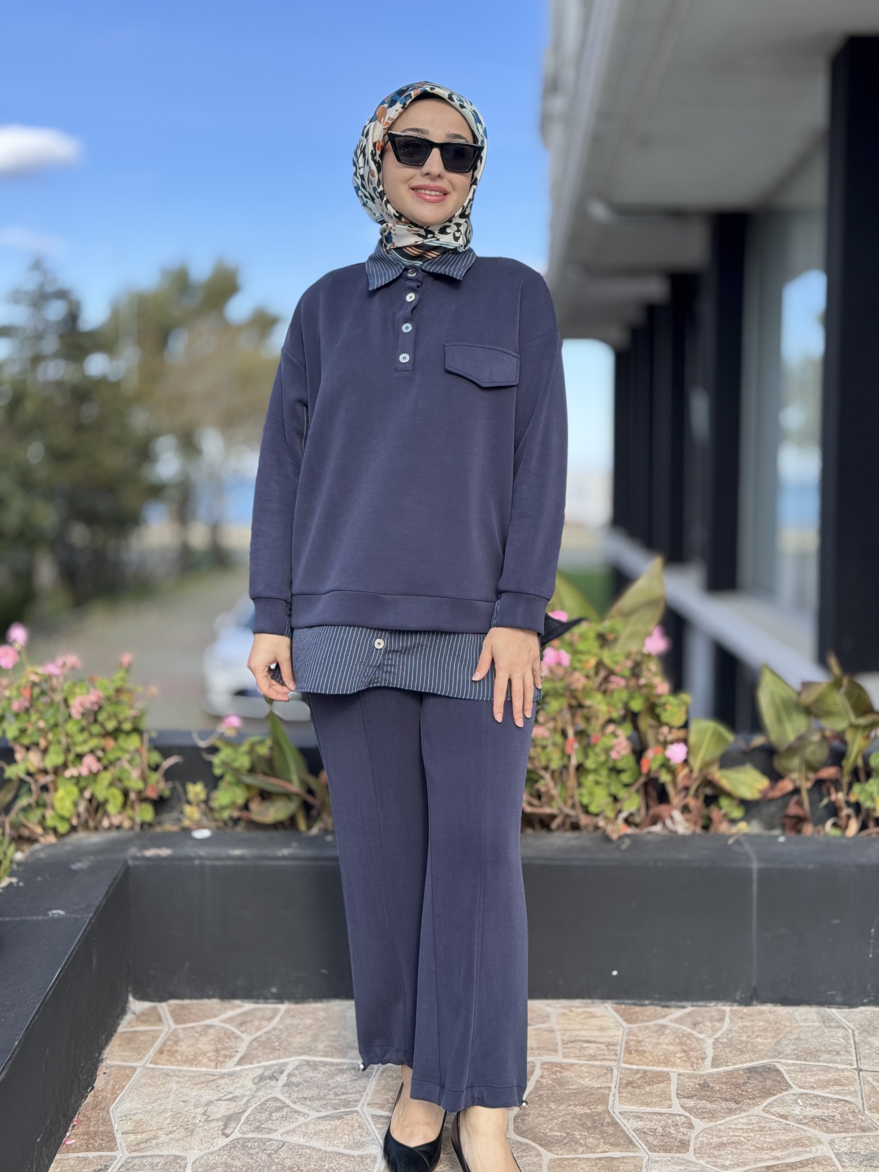 Tığ Triko Çizgi Poplin Kumaş Kombinli Tunik Pantolon Takım TKM5018