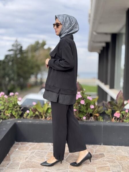 Tığ Triko Çizgi Poplin Kumaş Kombinli Tunik Pantolon Takım TKM5018