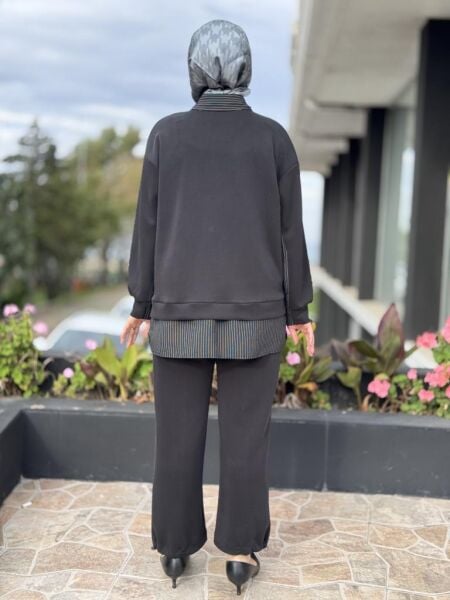 Tığ Triko Çizgi Poplin Kumaş Kombinli Tunik Pantolon Takım TKM5018