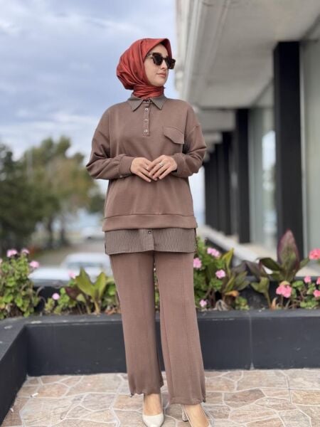 Tığ Triko Çizgi Poplin Kumaş Kombinli Tunik Pantolon Takım TKM5018