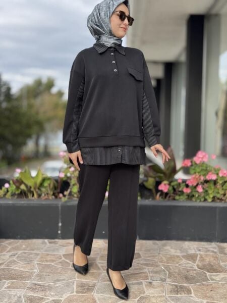 Tığ Triko Çizgi Poplin Kumaş Kombinli Tunik Pantolon Takım TKM5018