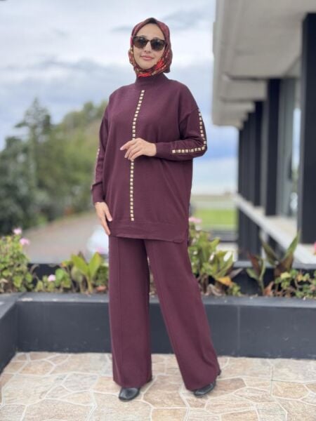 Tığ Triko Şerit Taş İşlemeli Tunik Pantolon Takım TKM22005