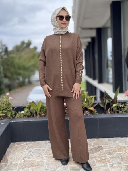 Tığ Triko Şerit Taş İşlemeli Tunik Pantolon Takım TKM22005