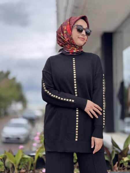 Tığ Triko Şerit Taş İşlemeli Tunik Pantolon Takım TKM22005