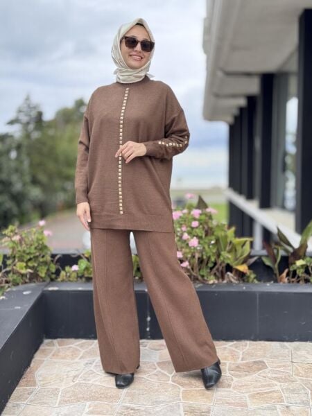 Tığ Triko Şerit Taş İşlemeli Tunik Pantolon Takım TKM22005