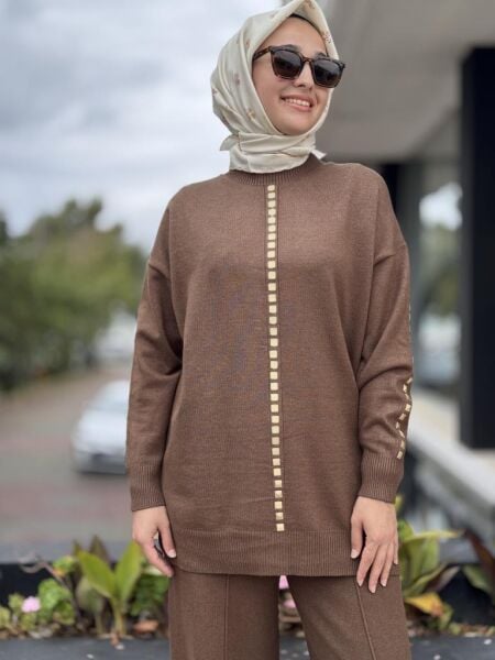 Tığ Triko Şerit Taş İşlemeli Tunik Pantolon Takım TKM22005