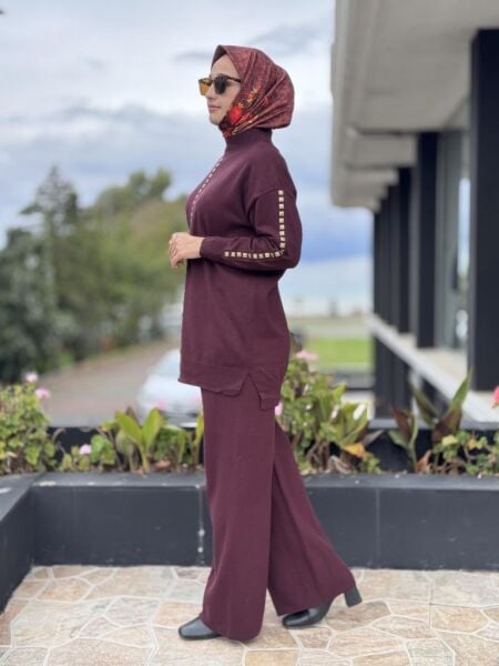 Tığ Triko Şerit Taş İşlemeli Tunik Pantolon Takım TKM22005