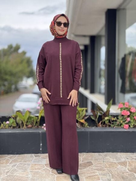 Tığ Triko Şerit Taş İşlemeli Tunik Pantolon Takım TKM22005