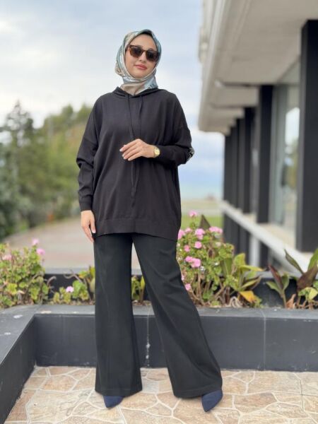 Tığ Triko Arkası Taş Yazı Baskılı Kapüşonlu Tunik TNK21809