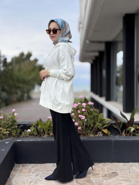 Tığ Triko Arkası Taş Yazı Baskılı Kapüşonlu Tunik TNK21809