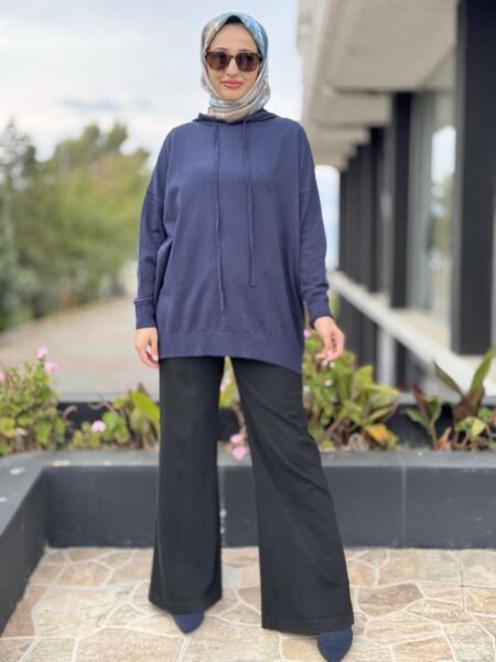 Tığ Triko Arkası Taş Yazı Baskılı Kapüşonlu Tunik TNK21809