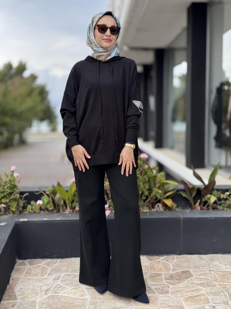 Tığ Triko Arkası Taş Yazı Baskılı Kapüşonlu Tunik TNK21809