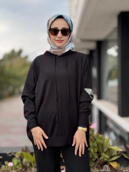 Tığ Triko Arkası Taş Yazı Baskılı Kapüşonlu Tunik TNK21809