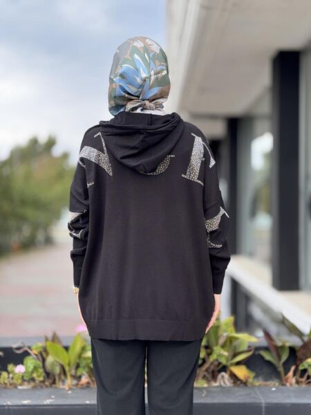 Tığ Triko Arkası Taş Yazı Baskılı Kapüşonlu Tunik TNK21809