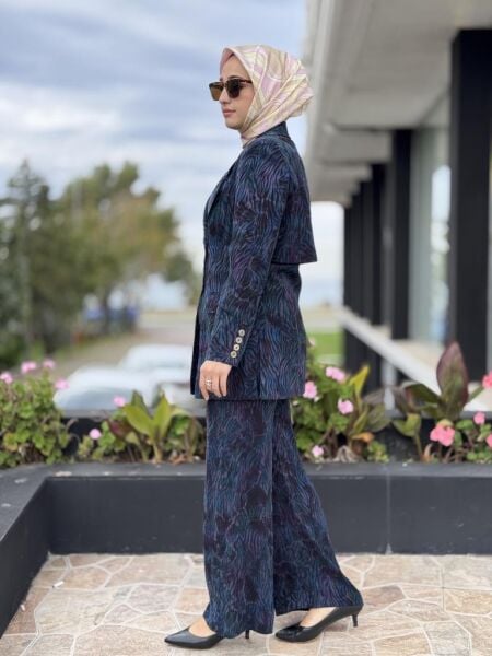Vuu Mor Jakarlı Desenli Cupra Ceket Pantolon Takım