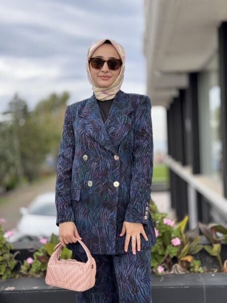 Vuu Mor Jakarlı Desenli Cupra Ceket Pantolon Takım