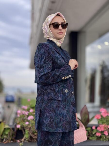 Vuu Mor Jakarlı Desenli Cupra Ceket Pantolon Takım