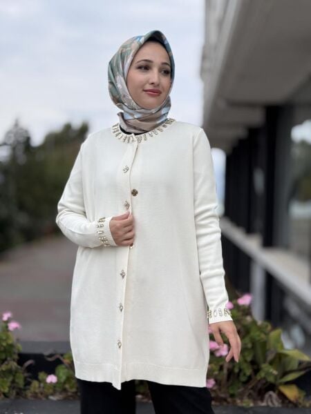 Tığ Triko Yakası ve Önü Taşlı Rayon Ceket CKT21716