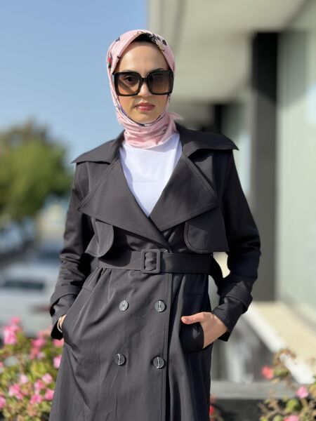 Almarwah Düğmeli Trench 404821 SİYAH - 36
