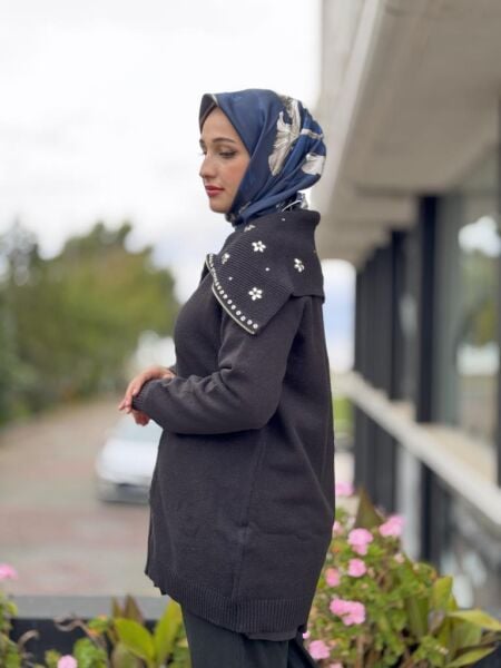 Tığ Triko Denizci Yaka Fermuarlı Taşlı Hırka HRK21841