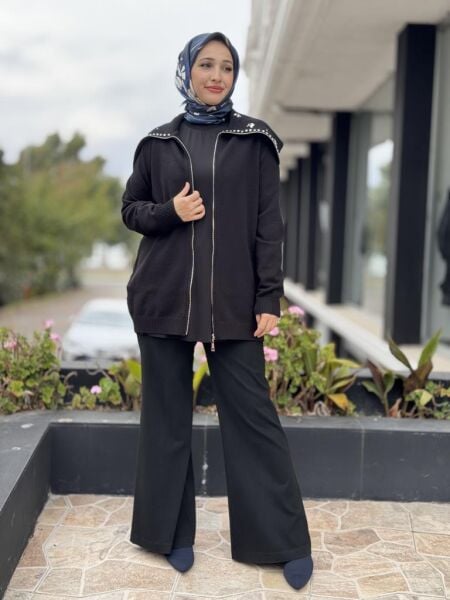 Tığ Triko Denizci Yaka Fermuarlı Taşlı Hırka HRK21841