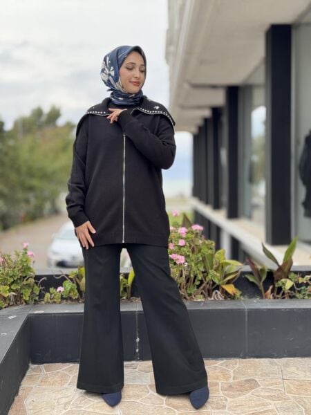 Tığ Triko Denizci Yaka Fermuarlı Taşlı Hırka HRK21841