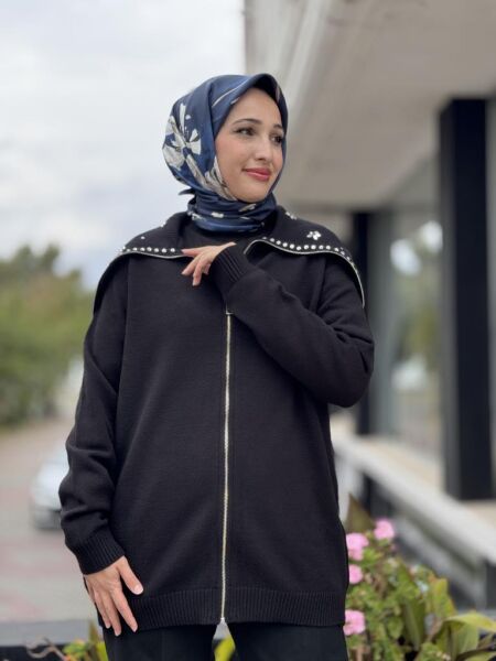 Tığ Triko Denizci Yaka Fermuarlı Taşlı Hırka HRK21841