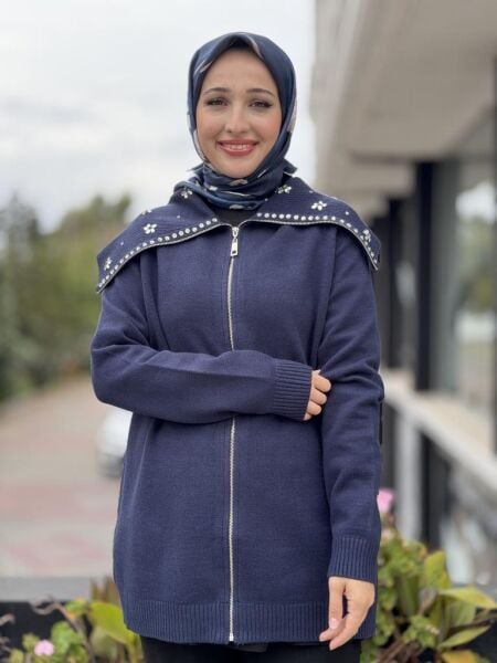 Tığ Triko Denizci Yaka Fermuarlı Taşlı Hırka HRK21841