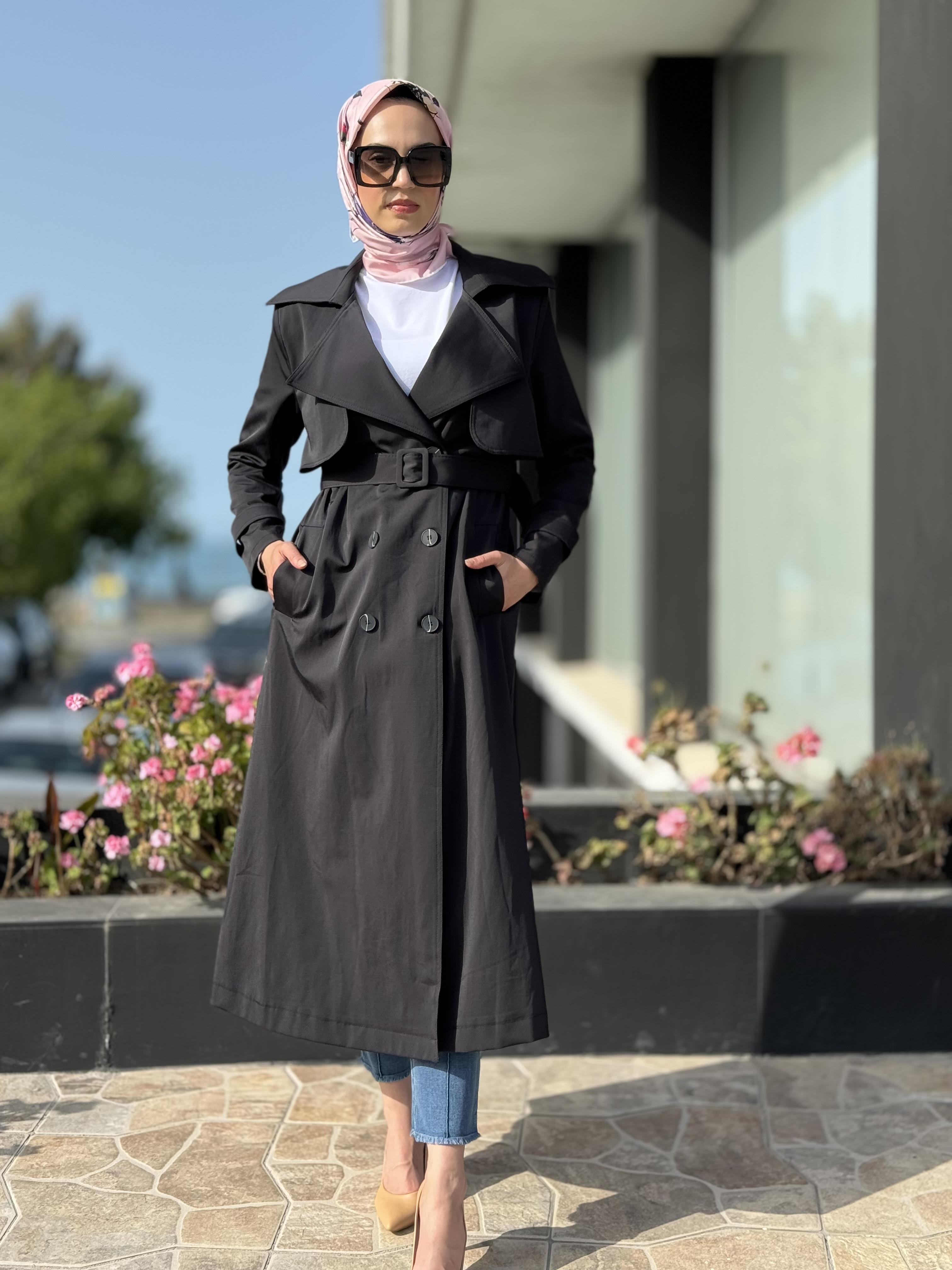 Almarwah Düğmeli Trench 404821 SİYAH - 42