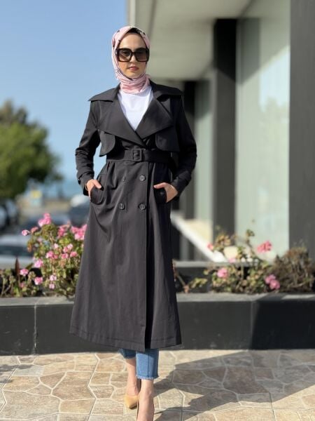 Almarwah Düğmeli Trench 404821 SİYAH - 42
