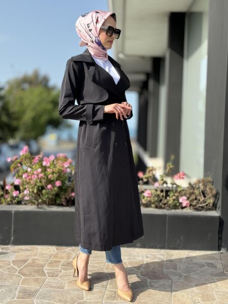 Almarwah Düğmeli Trench 404821 SİYAH - 42
