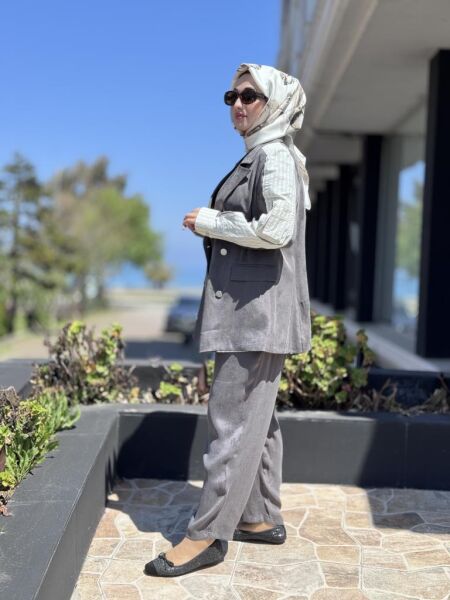 Almarwah Omuz Ve Kol Detaylı Cupra Ceket Pantolon Takım 202792