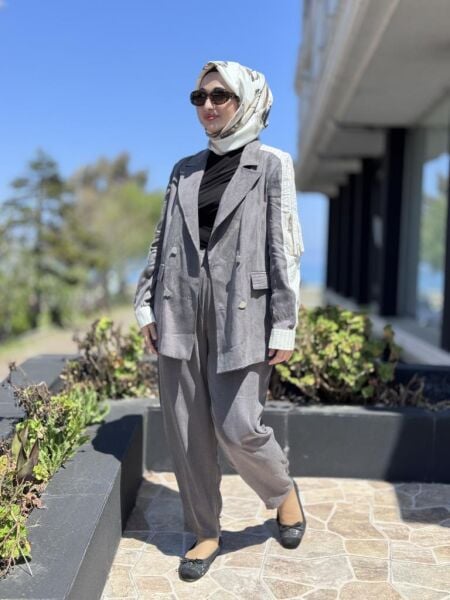 Almarwah Omuz Ve Kol Detaylı Cupra Ceket Pantolon Takım 202792