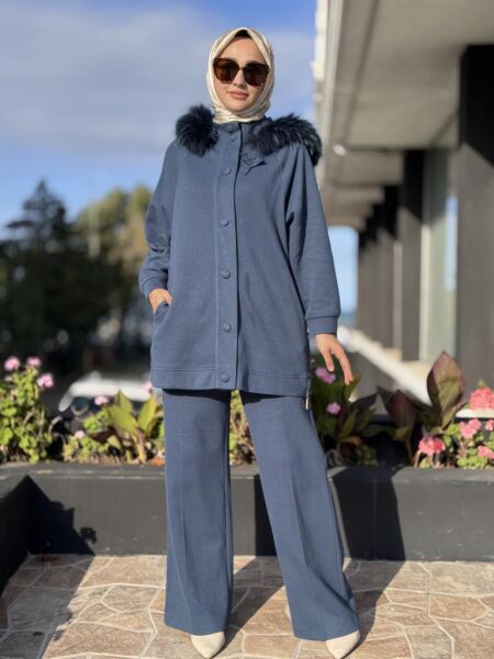 Qupra Yanları Fermuarlı Seyyar Kürk Kapüşonlu Kap Pantolon Takım WAC92000