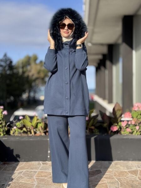 Qupra Yanları Fermuarlı Seyyar Kürk Kapüşonlu Kap Pantolon Takım WAC92000