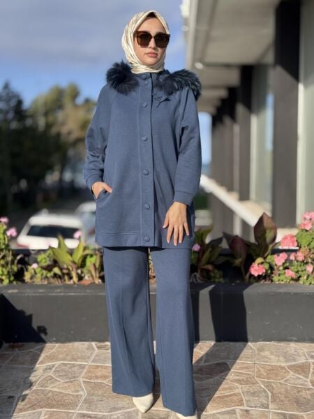 Qupra Yanları Fermuarlı Seyyar Kürk Kapüşonlu Kap Pantolon Takım WAC92000