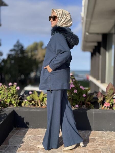 Qupra Yanları Fermuarlı Seyyar Kürk Kapüşonlu Kap Pantolon Takım WAC92000