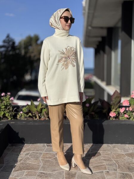 Qupra Önü Çiçek Baskılı Tunik Deri Pantolonlu Takım WAC92006