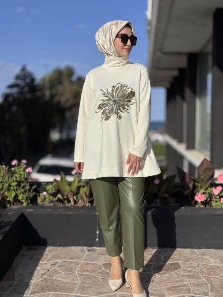 Qupra Önü Çiçek Baskılı Tunik Deri Pantolonlu Takım WAC92006