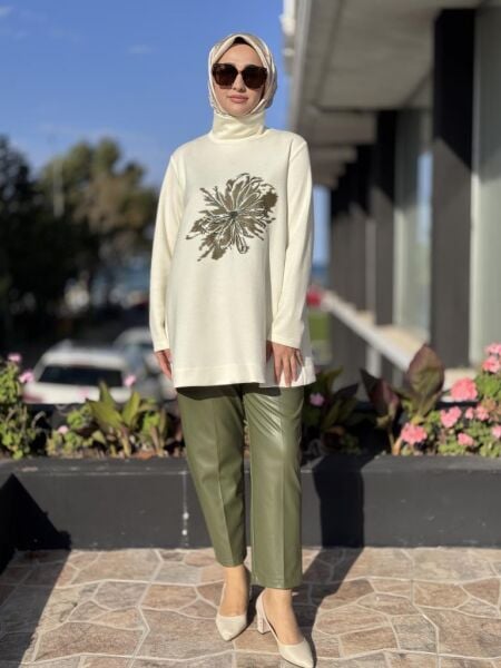 Qupra Önü Çiçek Baskılı Tunik Deri Pantolonlu Takım WAC92006