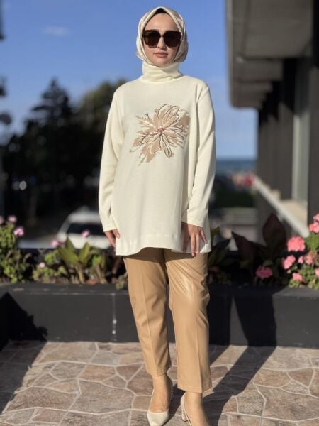 Qupra Önü Çiçek Baskılı Tunik Deri Pantolonlu Takım WAC92006