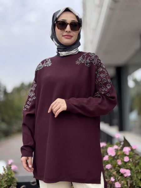 Tığ Triko Leopar Taş İşlemeli Bluz BLZ22002