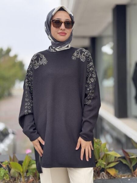Tığ Triko Leopar Taş İşlemeli Bluz BLZ22002