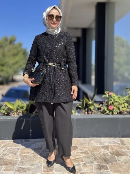 Ghisa Kemer Detaylı Payetli Ceket Pantolon Takım 3198