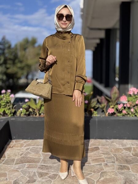 Misswhence Saten Pliseli Fermuarlı Etek Gömlek Takım 38015