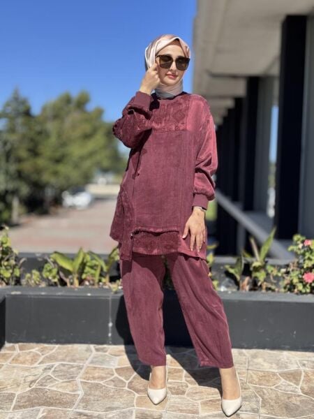 Ghisa Büzgü ve Parça Detaylı Cupra İpek Tunik Pantolon Takım 4049