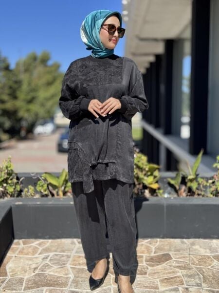 Ghisa Büzgü ve Parça Detaylı Cupra İpek Tunik Pantolon Takım 4049